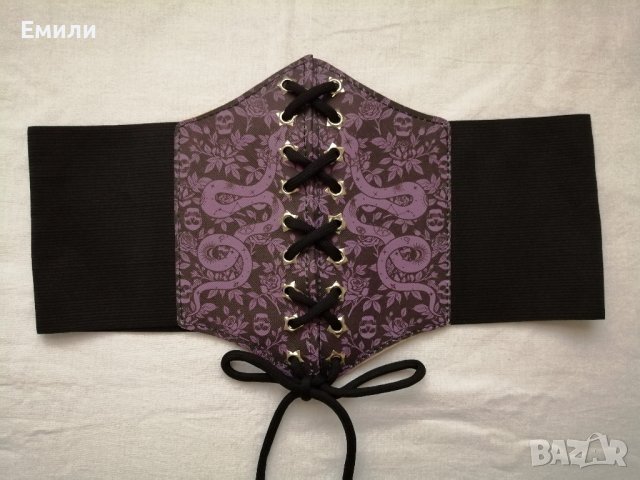 Черен корсет колан за талия с връзки в лилав/розов принт черепи, рози и змии , снимка 5 - Корсети, бюстиета, топове - 43330587