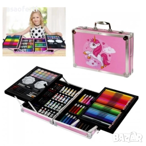 🦄 Детски Комплект за Рисуване (145 Части) в Куфар – Пастели, Моливи, Маркери и Бои, снимка 2 - Образователни игри - 52558129