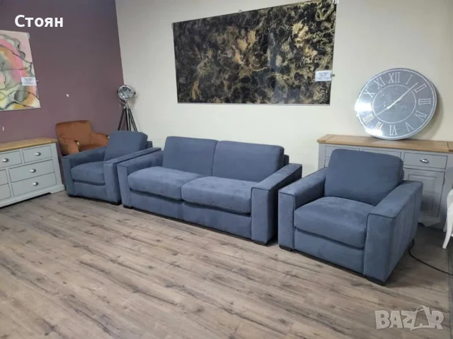 Сив комплект от плат набук диван тройка с функция сън и два фотьойла, снимка 11 - Дивани и мека мебел - 50886856