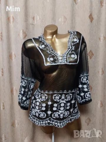 Studio 46/48 Черна прозрачна блуза с бяла бродерия , снимка 5 - Блузи с дълъг ръкав и пуловери - 48503494