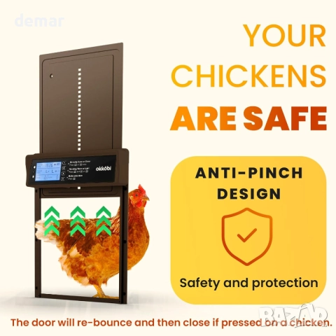 Okkobi автоматична врата за кокошарник със соларен панел, LCD дисплей, снимка 3 - За птици - 52707224