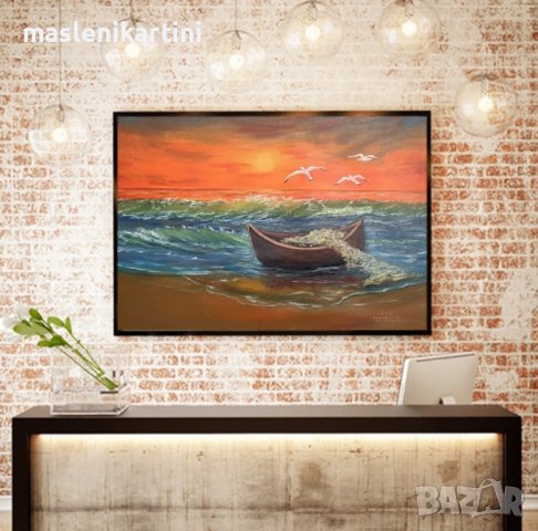 Морски залез лодка и чайки маслена картина , снимка 7 - Картини - 36380217