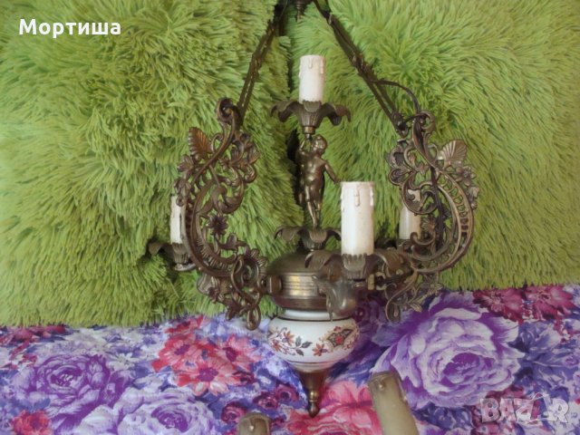  Бароков бронзов полилей с порцелан , снимка 1 - Лампи за таван - 26214057