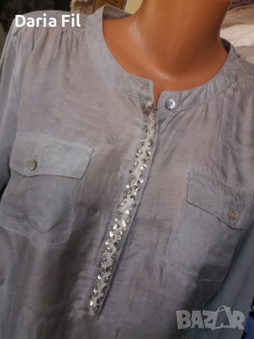 Сиво-зелена риза/блуза с джобчета и пайети около деколтето , снимка 3 - Ризи - 38811278
