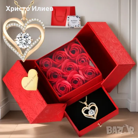 Златно колие с камъни в луксозна кутия с рози Романтичен Подарък, снимка 7 - Колиета, медальони, синджири - 51202647