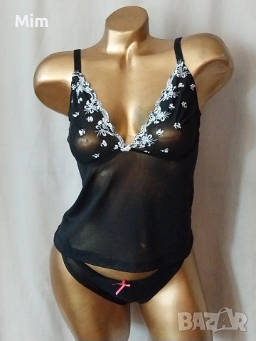 М/ L Черен еластичен, прозрачен топ с бяла бродерия и полупрашка , снимка 6 - Бельо - 51529791