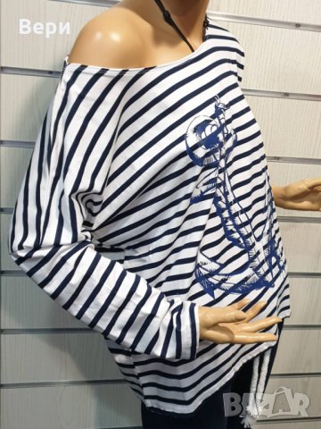 Нова дамска моряшка блуза с паднало рамо, трансферен печат Котва, снимка 15 - Блузи с дълъг ръкав и пуловери - 28375572