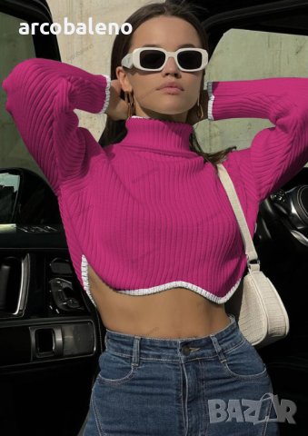 Дамски къс пуловер с яка и неравен подгъв, 9цвята, снимка 17 - Блузи с дълъг ръкав и пуловери - 43905120