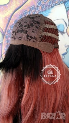 Дълга Перука на Плажни Вълни с Омбре Цветово Преливане Черно и Огнено Червено Код 8029, снимка 8 - Аксесоари за коса - 32385455