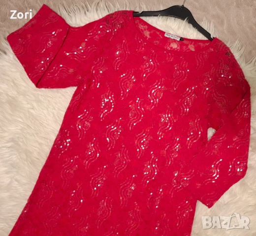 Дантелена рокля с прозрачни пайети в наситен розово-червен цвят, снимка 6 - Рокли - 52598753