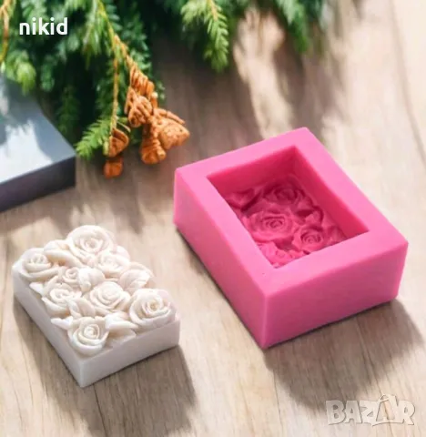 рози и листа правоъгълен силиконов молд форма фондан шоколад гипс сапун свещ декор, снимка 5 - Форми - 48520781