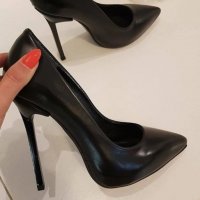 Обувки на ток - черна кожа с черен ток - 60, снимка 1 - Дамски обувки на ток - 35006081