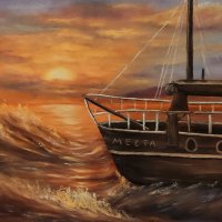 Море, вълни , залез, кораб маслена картина, снимка 1 - Картини - 34928593