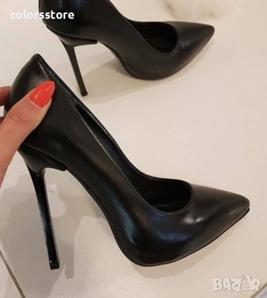 Обувки на ток - черна кожа с черен ток - 60, снимка 1