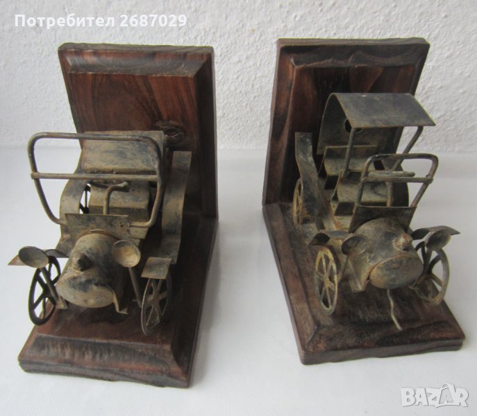  2 броя:  стари автомобили ограничители за книги, букенд, bookend, чугун арт сцена: леяр работник , снимка 1