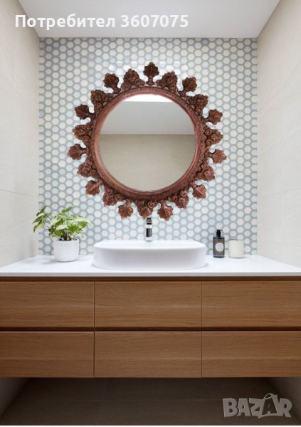 Кръгло, голямо, дизайнерско ръчно изработено огледало за стена., снимка 1