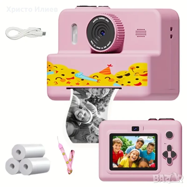 Дигитален фотоапарат детска камера за моментални снимки стил Paloroid с дисплей Розов, снимка 1