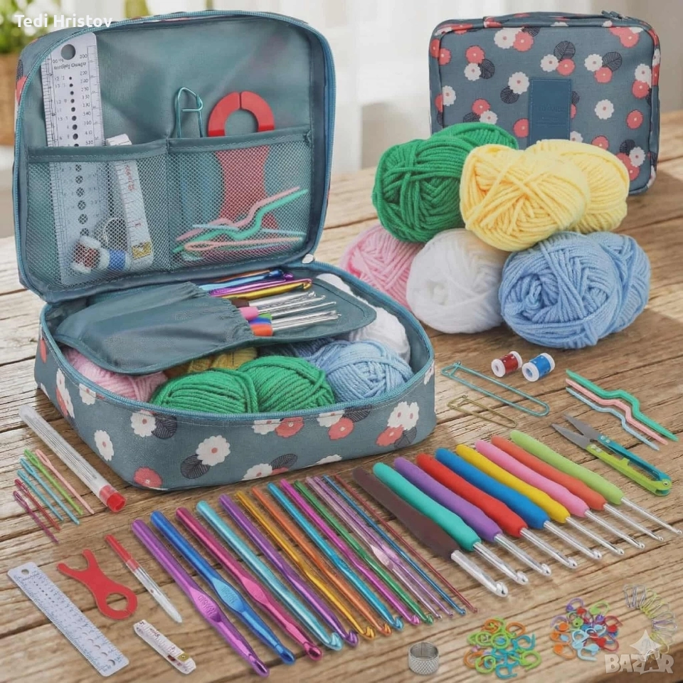 Комплект аксесоари за плетене, 107 части, 14 алуминиеви куки – Пълен сет за начинаещи и напреднали, снимка 1