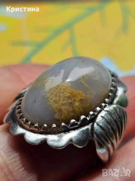 Старинен сребърен пръстен с Ахат, снимка 1