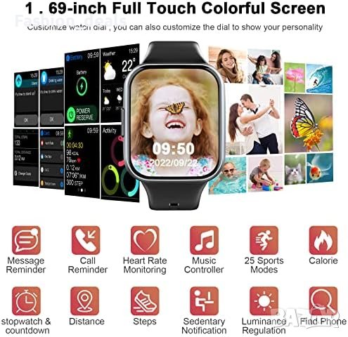 Нов Смарт часовник 1,69 инча Мъже Жени Подарък iOS Android, снимка 7 - Смарт гривни - 42946131