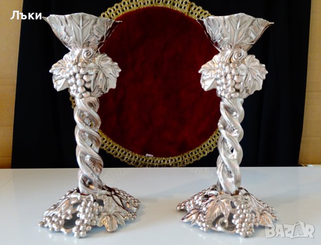 Посребрен свещник,лози,грозде,880гр. , снимка 12 - Антикварни и старинни предмети - 39051030