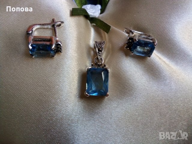 Сребърен комплект  с топази и марказити/обеци и медальон/, снимка 3 - Бижутерийни комплекти - 28975663