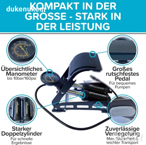 Мощна крачна помпа с двоен цилиндър и манометър до 10 bar – универсална помпа, снимка 5 - Аксесоари за велосипеди - 53382215