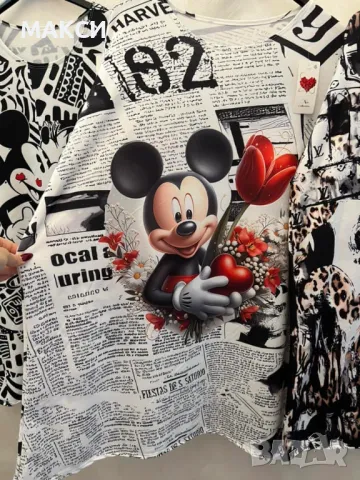 Памучна макси модерна дълга клоширана еластична туника с Мики Маус в различни десени, снимка 5 - Туники - 47650270