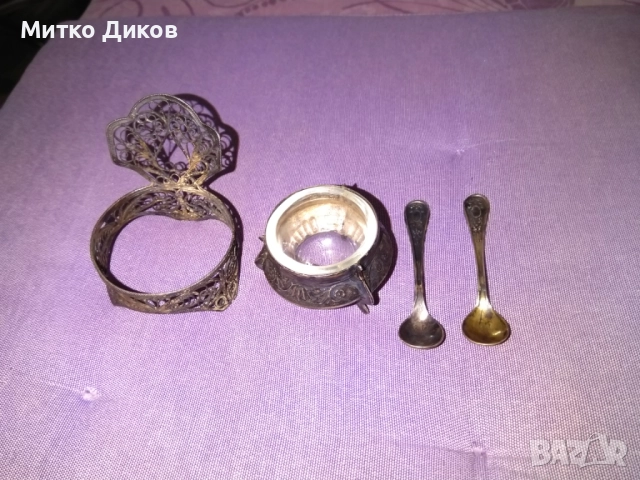 Посребрен съд за хайвер солница горчичник СССР с две лъжички и филигран 21 грама, снимка 7 - Други ценни предмети - 51553346