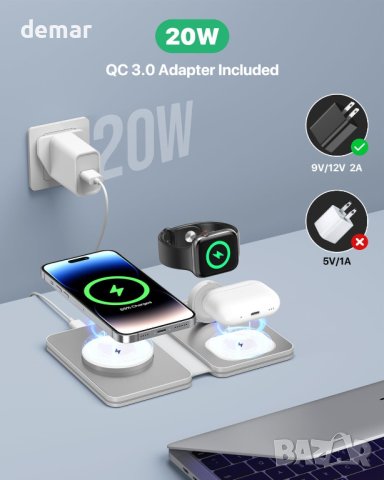 Сгъваема безжична зарядна станция, 3 в 1 съвместима с iPhone, iWatch и AirPods, снимка 7 - Безжични зарядни - 43717760