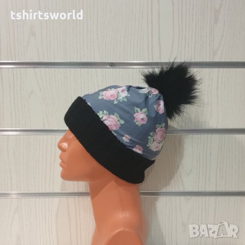 Нова зимна дамска шапка с Рози и пух/помпон, снимка 2 - Шапки - 35502819