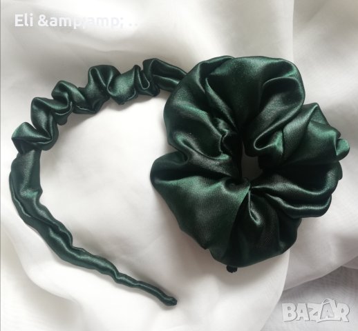 Набрана диадема + скрънчи - тъмнозелен сатен, снимка 3 - Аксесоари за коса - 40852543