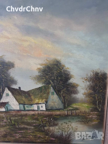 127х97см Quidousse/картина масло върху платно/пейзаж/къща-път-гора-езеро/масивна дървена рамка, снимка 2 - Картини - 50703341