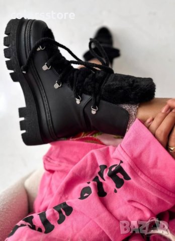 Боти на платформа - черна кожа с черен пух - BPUH1