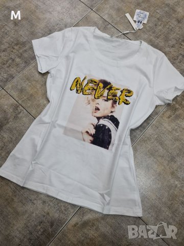 Нова бяла дамска тениска Never с пайети на намаление, снимка 1 - Тениски - 33238720