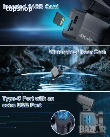 НОВА 4К Даш камера, WiFi, 64GB карта, 4K+1080P, контрол от приложение, 1,47" екран, G-сензор..., снимка 5 - Аксесоари и консумативи - 50502000