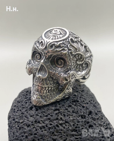 Сребърен пръстен череп, снимка 5 - Пръстени - 53324294