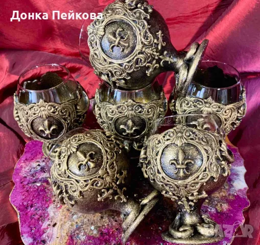 Ръчно изработен сервиз за коняк в старинно злато от 6 части, снимка 6 - Чаши - 48634672