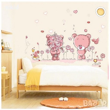 2 Розови мечета Теди бебешки детски самозалепващ стикер лепенка за стена и мебел детска стая декор
