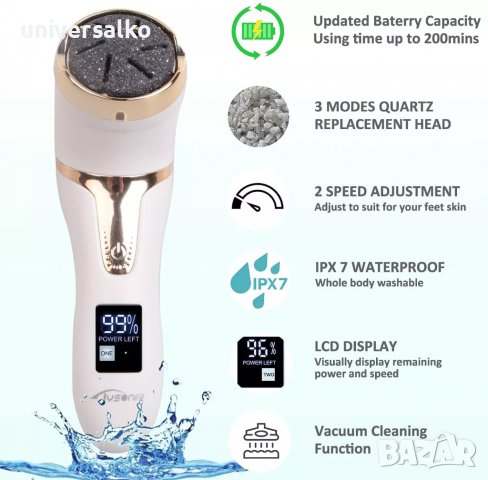 Електрическа вакуум пила за пети и педикюр 3 в 1 , водоустойчива, снимка 4 - Електрически пили за пети - 39592811