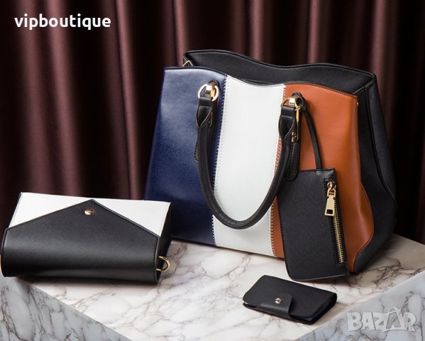 Шарена трицветна кожена дамска чанта комплект, снимка 2 - Чанти - 43011241