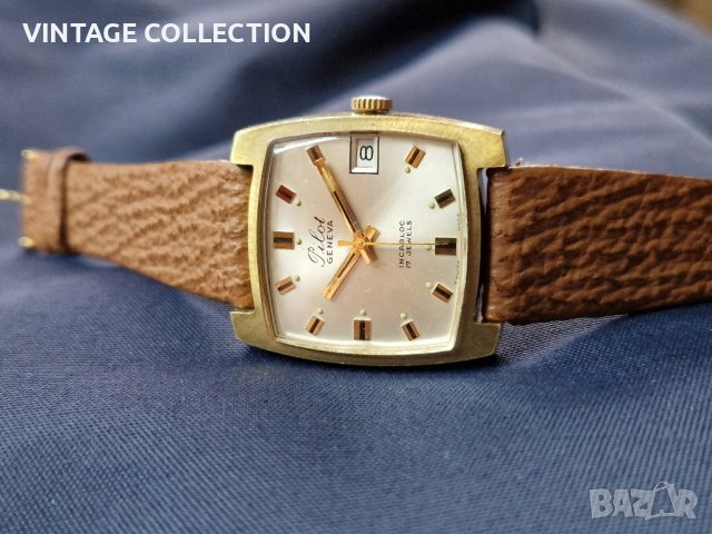 PILOT GENEVA Швейцарски Часовник Механичен Позлатен INCABLOC Рядък Винтидж, снимка 4 - Мъжки - 43788375