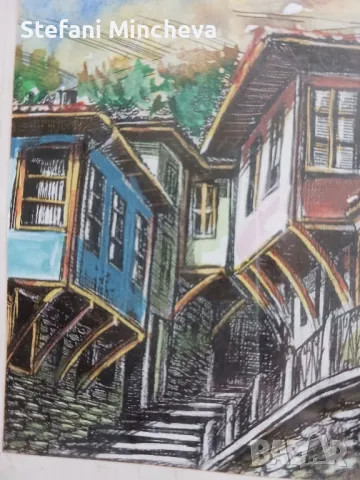 Картина на ,,Лопарски,,Стария Пловдив Акварел 25/25см, снимка 4 - Антикварни и старинни предмети - 50217205