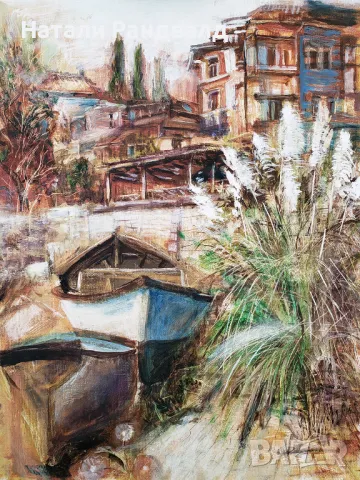 Картина с масло "Стара лодка пред корчма в Несебър", снимка 1