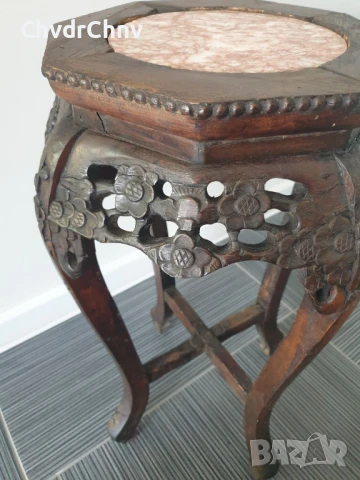 62см конзолна маса дърворезба-мрамор/дървена масичка-пиедестал-поставка за саксия, снимка 5 - Антикварни и старинни предмети - 51302142