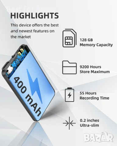 128GB гласов рекордер, аудио рекордер с AI-интелигентно тройно шумопотискане, записващо устройство , снимка 4 - Други - 53443414