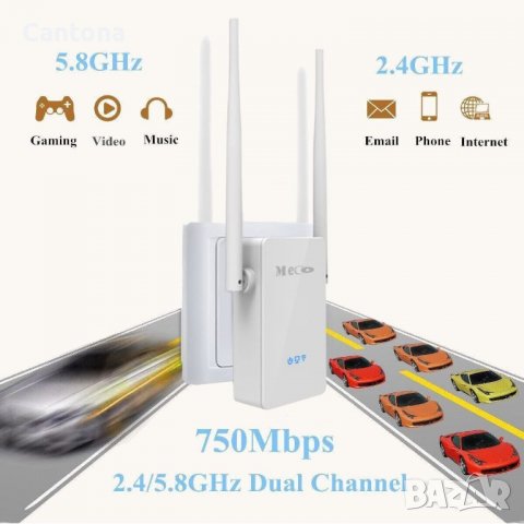 WiFi репитер, MECO AC750 Dual Band WiFi, 2.4/5GHz, повторител/точка за достъп/рутер ,Ethernet порт, снимка 2 - Рутери - 37712600