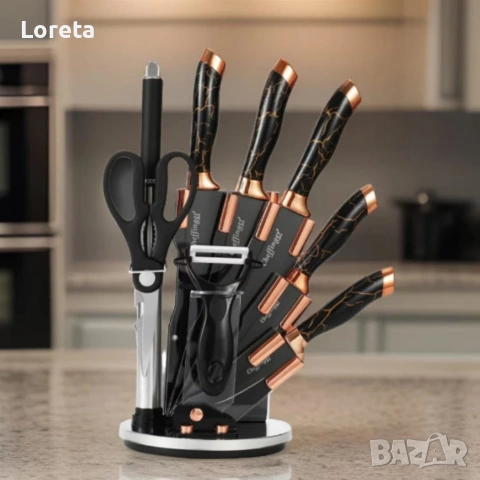 Комплект уреди за рязане Cheffinger – 9 части с мраморно покритие, стойка, точило и белачка, снимка 2 - Аксесоари за кухня - 53436168