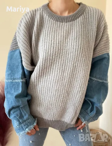 Топли пуловери с ръкав от деним. Син, сив, бежов, черен цвят. С,М,Л,ХЛ, снимка 4 - Блузи с дълъг ръкав и пуловери - 47682174