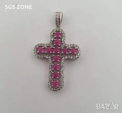 Сребърен Кръст с Рубини, Сапфири, Изумруди, снимка 3 - Колиета, медальони, синджири - 49893309